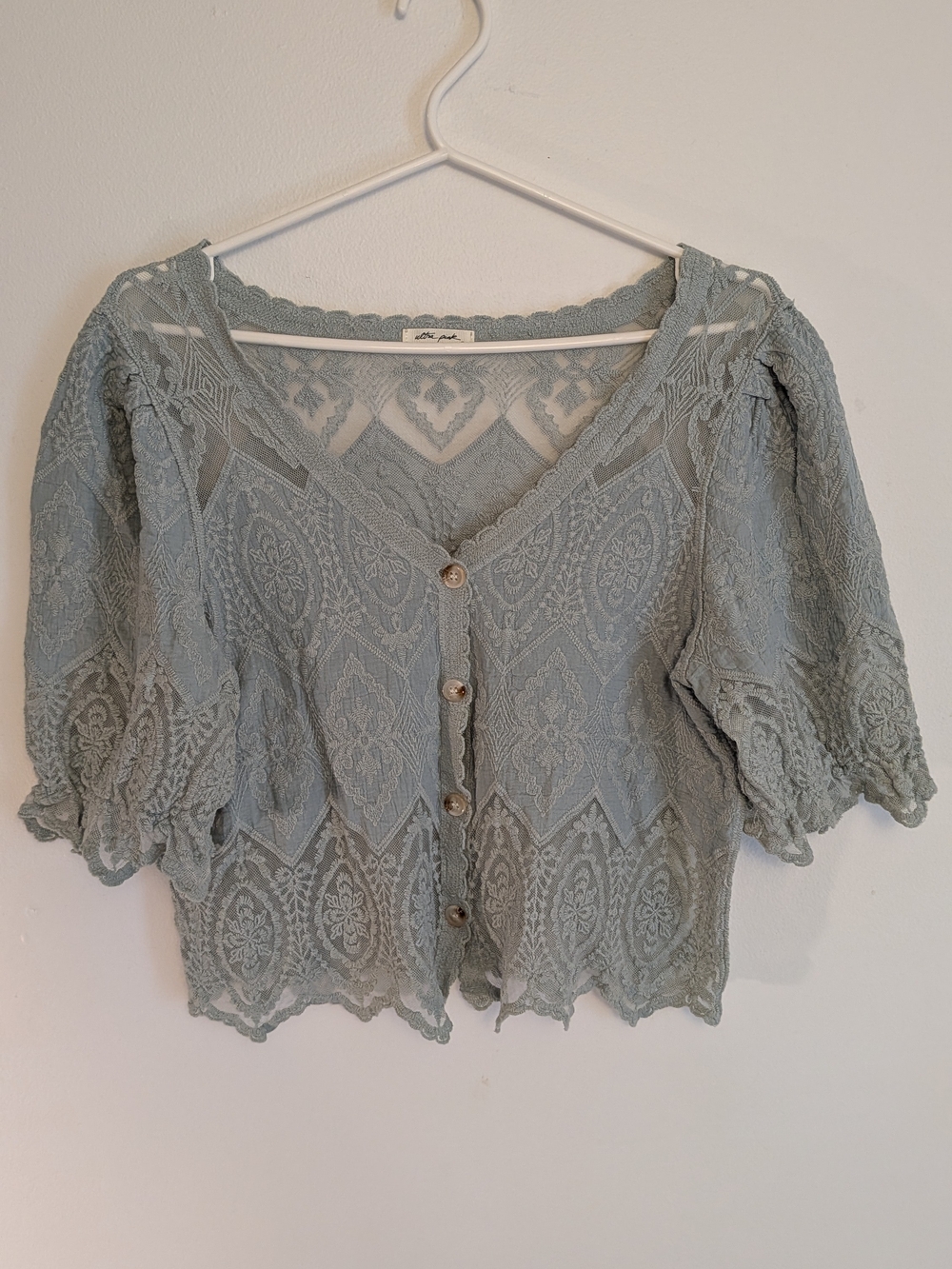 Ultra Pink Dusty Blue Lace Crochet Button-Up Blouse